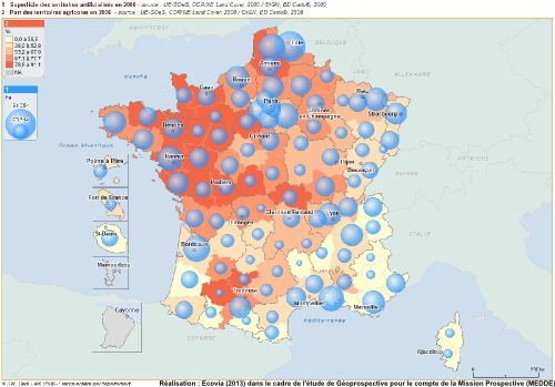 Superficie des territoires artificialisés et part des territoires agricoles par département (2006)