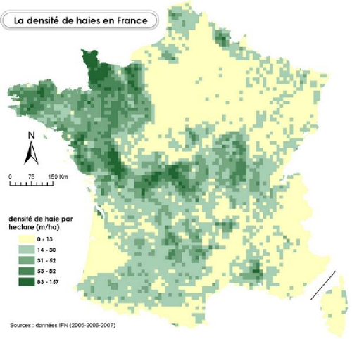 Densité de haies en France par km² (2005-2007)