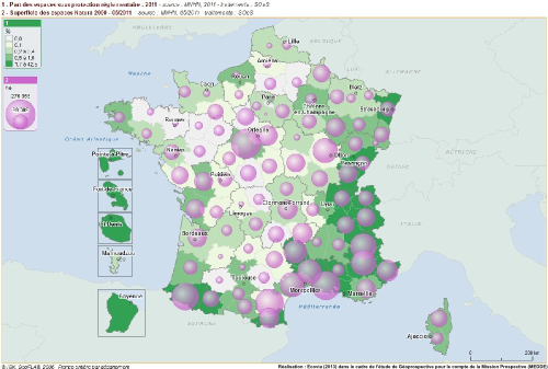 Part des espaces sous protection réglementaire et  Superficie des espaces Natura 2000 par département (2011)