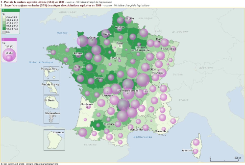 Part de la SAU et surface toujours en herbe (STH) par département (2000)